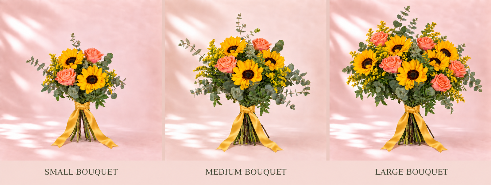 Three bouquet size examples — Flores MERAKI Tenerife