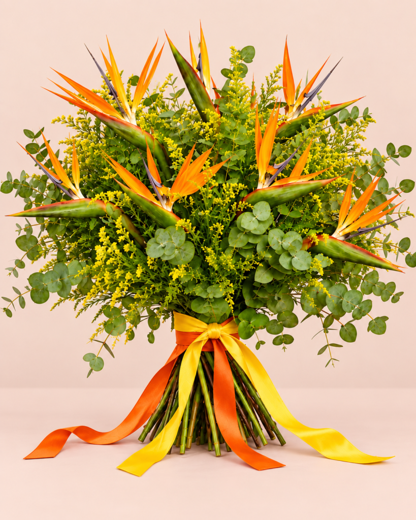 Ramo Para&iacute;so de Tenerife con strelitzias naranjas, eucalipto y cintas amarilla y naranja sobre fondo pastel