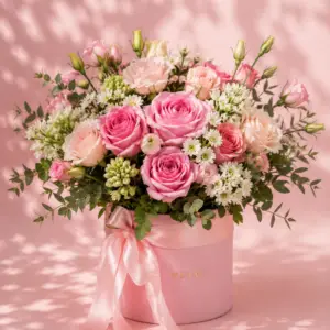 Composición floral en caja rosa desde 50 € con entrega en Tenerife