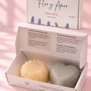 Dúo sólido de viaje Flor y Amor con jabón y champú acondicionador