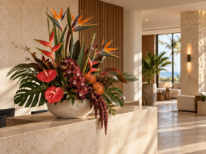 Composici&oacute;n floral tropical de Flores MERAKI para la recepci&oacute;n de un hotel en Tenerife